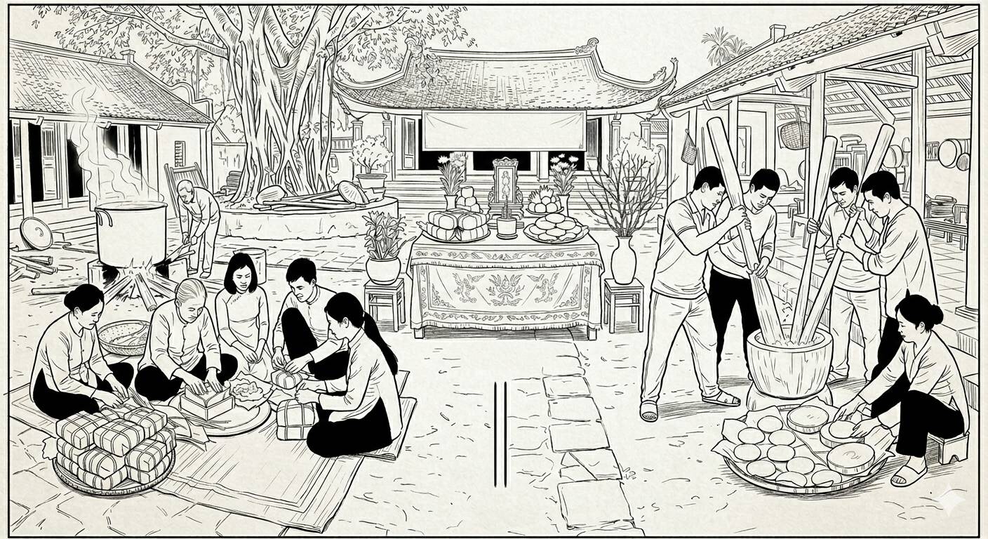Tập tục làm bánh chưng bánh giầy