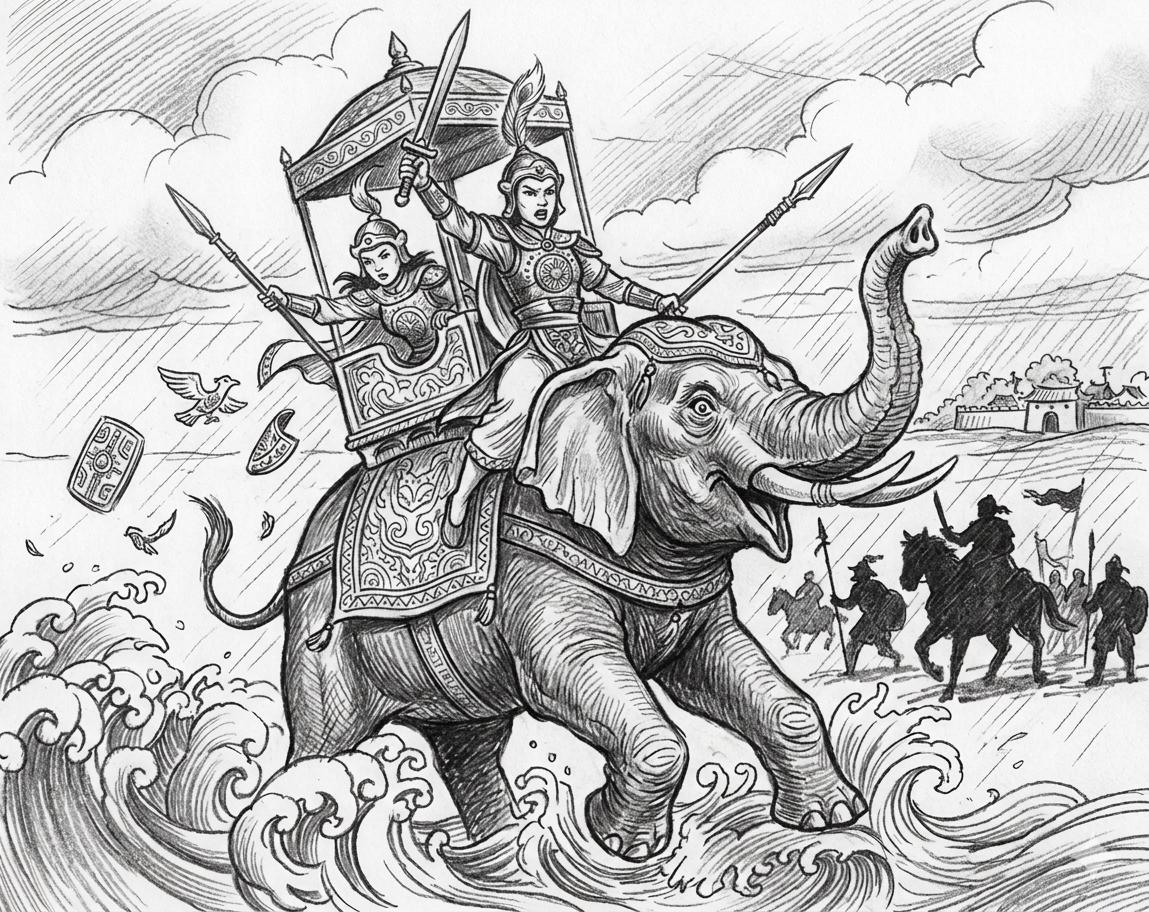 Hai Bà Trưng cưỡi voi ra trận - biểu tượng của ý chí độc lập